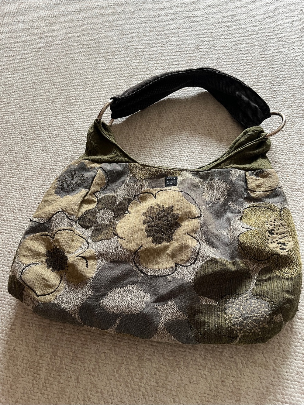 1154 Lill Studio Olive Green and Gray Floral Patchwork Shoulder Bag